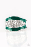 Glittery white rhinestones dance between two shiny Quetzal Green bands, coalescing into a refined centerpiece. Features a stretchy band for a flexible fit. Sold as one individual ring.  P4RE-GRXX-094XX