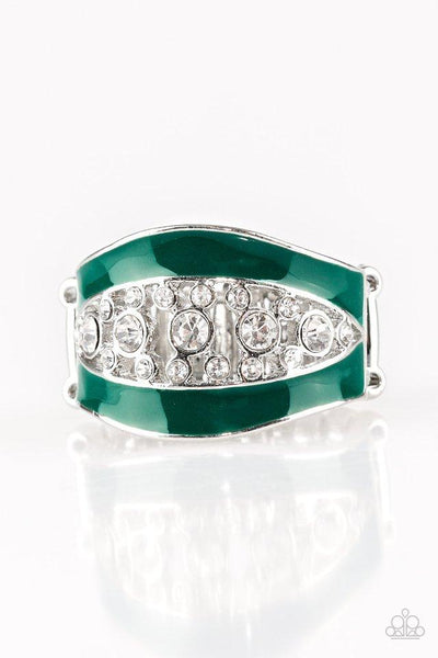 Glittery white rhinestones dance between two shiny Quetzal Green bands, coalescing into a refined centerpiece. Features a stretchy band for a flexible fit. Sold as one individual ring.  P4RE-GRXX-094XX