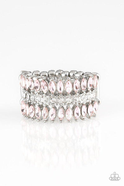 Featuring refined marquise cuts, glittery pink rhinestones flare from a center of glassy white rhinestones, creating a regal band across the finger. Features a stretchy band for a flexible fit.  P4RE-PKXX-141XX