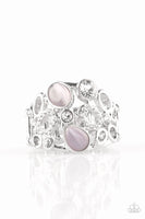 Shimmery silver frames, glassy white rhinestones, and glowing purple moonstones coalesce across the finger, creating a bubbly frame. Features a stretchy band for a flexible fit. Sold as one individual ring.  P4RE-PRXX-097XX