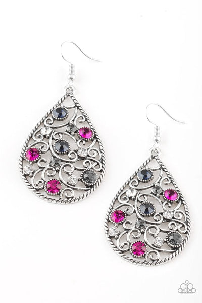 Varying in size, glittery colorful rhinestones are sprinkled along a silver filigree backdrop for a whimsical look. Earring attaches to a standard fishhook fitting. Sold as one pair of earrings.  P5RE-MTXX-059XX