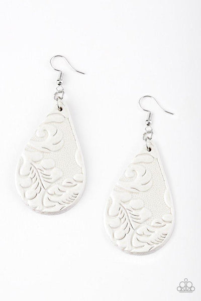 Stamped in a feathery, paisley like pattern, an earthy white leather teardrop swings from the ear for a seasonal look. Earring attaches to a standard fishhook fitting. Sold as one pair of earrings.  P5SE-WTXX-093XX