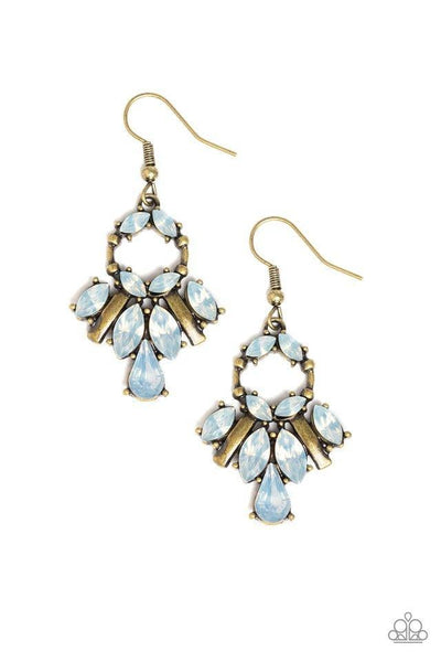 Varying in shape, opalescent white rhinestones and antiqued brass frames fan out from the bottom of a dainty brass hoop for a whimsical look. Earring attaches to a standard fishhook fitting. Sold as one pair of earrings.  P5SE-BRXX-073XX