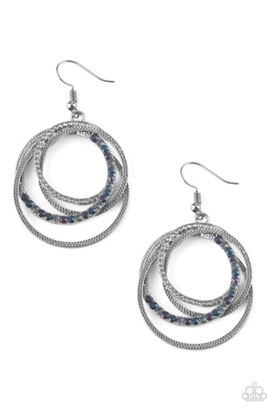 Encrusted in sections of smoky and multicolored rhinestones, mismatched gunmetal hoops layer into an elegantly entangled lure. Earring attaches to a standard fishhook fitting. Sold as one pair of earrings.  P5RE-MTXX-054XX