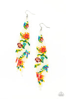 Strands of yellow, green, blue, white, red, orange, and pink seed beads colorfully weave into a vivaciously floral beaded fringe. Earring attaches to a standard fishhook fitting. Sold as one pair of earrings. P5SE-WTXX-131XX