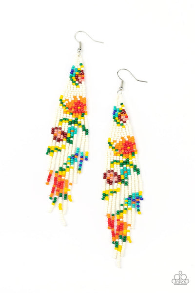 Strands of yellow, green, blue, white, red, orange, and pink seed beads colorfully weave into a vivaciously floral beaded fringe. Earring attaches to a standard fishhook fitting. Sold as one pair of earrings. P5SE-WTXX-131XX