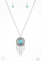 2018 September Fashion Fix - Simply Santa Fe  A refreshing turquoise stone is pressed into the center of a shimmery silver disc radiating with glistening tribal details. Swinging from the bottom of a lengthened silver chain, the bold pendant gives way to a fringe of delicately hammered silver rods for a wanderlust finish. Features an adjustable clasp closure. Sold as one individual necklace. Includes one pair of matching earrings.  P2SE-BLXX-333GU