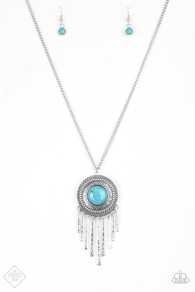 2018 September Fashion Fix - Simply Santa Fe  A refreshing turquoise stone is pressed into the center of a shimmery silver disc radiating with glistening tribal details. Swinging from the bottom of a lengthened silver chain, the bold pendant gives way to a fringe of delicately hammered silver rods for a wanderlust finish. Features an adjustable clasp closure. Sold as one individual necklace. Includes one pair of matching earrings.  P2SE-BLXX-333GU