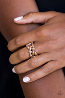 Encrusted in glittery rhinestones, shimmery copper bars crisscross across the finger, coalescing into a bold square knot atop the finger. Features a stretchy band for a flexible fit. Sold as one individual ring. P4RE-CPXX-099XX