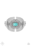 2020 June Fashion Fix - Simply Santa Fe Fanning with striking texture, two half-circle shaped silver frames are joined together by a refreshing turquoise stone atop an airy silver cuff for a statement making finish. Sold as one individual bracelet.  P9SE-BLXX-304TW