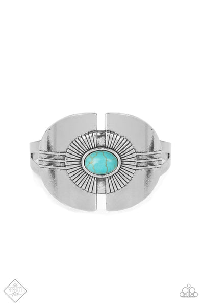 2020 June Fashion Fix - Simply Santa Fe Fanning with striking texture, two half-circle shaped silver frames are joined together by a refreshing turquoise stone atop an airy silver cuff for a statement making finish. Sold as one individual bracelet.  P9SE-BLXX-304TW