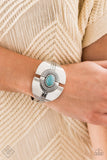 2020 June Fashion Fix - Simply Santa Fe Fanning with striking texture, two half-circle shaped silver frames are joined together by a refreshing turquoise stone atop an airy silver cuff for a statement making finish. Sold as one individual bracelet.  P9SE-BLXX-304TW