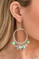  "Chroma Chimes" (P5RE-GRXX-137TC)  A shimmery collection of hammered silver discs, green crystals, polished Biscay Green beads, and metal flecked crystal-like teardrops dangle from the bottom of a dainty silver hoop, creating a whimsical fringe. Earring attaches to a standard fishhook fitting. Sold as one pair of earrings.
