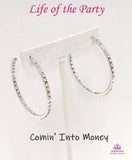 2019 June Life Of The Party Exclusive The front half and inner backside of a sleek silver hoop is encrusted in glassy white rhinestones, easily catching and reflecting the light for an extra dash of shimmer. Earring attaches to a standard post fitting. Hoop measures approximately 2" in diameter. Sold as one pair of hoop earrings. P5HO-WTXX-077XX