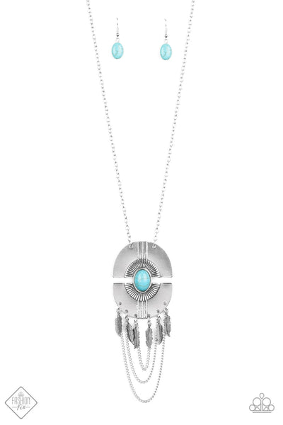 2020 June Fashion Fix - Simply Santa Fe A fringe of antiqued silver feathers and shimmery silver chains dangle from the bottom of a stacked silver frame fanning with striking texture. A smooth turquoise stone dots the tribal inspired pendant for an earthy finish. Features an adjustable clasp closure. Sold as one individual necklace. Includes one pair of matching earrings. P2SE-BLXX-410TW