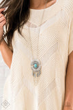 2020 June Fashion Fix - Simply Santa Fe A fringe of antiqued silver feathers and shimmery silver chains dangle from the bottom of a stacked silver frame fanning with striking texture. A smooth turquoise stone dots the tribal inspired pendant for an earthy finish. Features an adjustable clasp closure. Sold as one individual necklace. Includes one pair of matching earrings. P2SE-BLXX-410TW