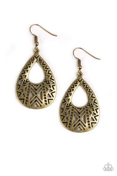 Brushed in an antiqued finish, edgy geometric patterns climb a glistening brass teardrop for a trendy tribal look. Earring attaches to a standard fishhook fitting. Sold as one pair of earrings. P5TR-BRXX-083XX