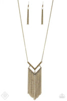 2018 August Fashion Fix Encrusted in aurum rhinestones, a V-shaped frame attaches to an airy brass frame, creating a stacked pendant. Swinging from the bottom of a lengthened brass chain, the glamorous pendant gives way to a tapered fringe for a fierce finish. Features an adjustable clasp closure. Sold as one individual necklace. Includes one pair of matching earrings. P2ED-BRXX-080GO