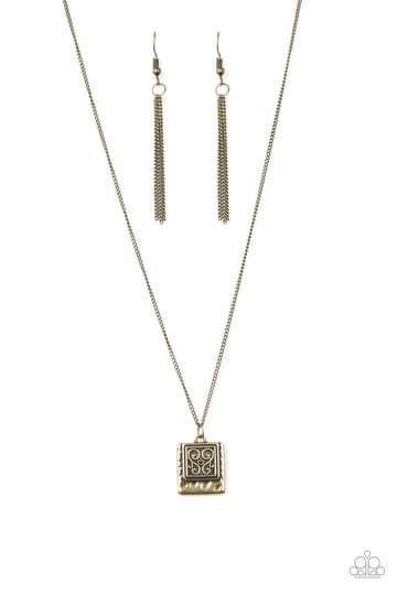 A filigree filled brass frame is pressed into a larger hammered frame, creating a dainty pendant below the collar. Features an adjustable clasp closure. Sold as one individual necklace. Includes one pair of matching earrings. P2DA-BRXX-120XX