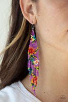 Strands of purple, green, blue, white, red, orange, and pink seed beads colorfully weave into a vivaciously floral beaded fringe. Earring attaches to a standard fishhook fitting. Sold as one pair of earrings. P5SE-PRXX-063XX