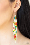 Strands of yellow, green, blue, white, red, orange, and pink seed beads colorfully weave into a vivaciously floral beaded fringe. Earring attaches to a standard fishhook fitting. Sold as one pair of earrings. P5SE-WTXX-131XX