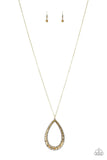 An oversized brass teardrop frame is encrusted in glittery aurum rhinestones that gradually increase in size at the bottom for a show stopping finish. The sparkling pendant swings from the bottom of a lengthened brass chain for a slimming finish. Features an adjustable clasp closure. Sold as one individual necklace. Includes one pair of matching earrings. P2ED-BRXX-104XX