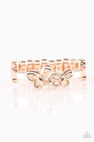 A pair of airy butterflies attaches to a dainty rose gold band, creating a whimsical centerpiece. Features a dainty stretchy band for a flexible fit. Sold as one individual ring. P4DA-GDRS-077XX
