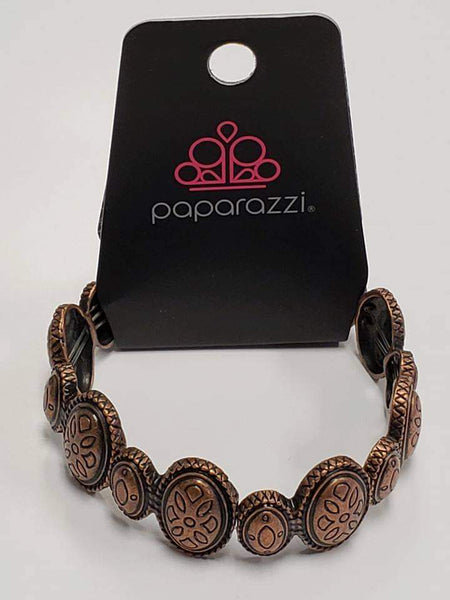 2018 June FF Exclusive Copper Stretchy Bracelet Stamped in indigenous inspired patterns, antiqued copper frames are threaded along elastic stretchy bands and link around the wrist for a seasonal look. Sold as one individual bracelet. P9TR-CPXX-068XZ
