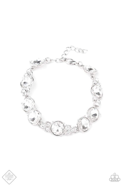 2020 May Fashion Fix - Fiercely 5th Avenue Pairs of stacked white rhinestone frames alternate with solitaire white rhinestones crowned in dainty white rhinestones along the wrist, creating a glamorous look. Features an adjustable clasp closure. Sold as one individual bracelet. P9RE-WTXX-371TH