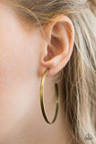 Brushed in an antiqued shimmer, a glistening brass bar curls into a classic hoop for a casual look. Earring attaches to a standard post fitting. Sold as one pair of hoop earrings. P5HO-BRXX-049XX