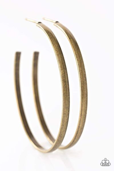Brushed in an antiqued shimmer, a glistening brass bar curls into a classic hoop for a casual look. Earring attaches to a standard post fitting. Sold as one pair of hoop earrings. P5HO-BRXX-049XX