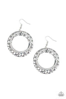 2019 September Life Of The Party Encrusted in glassy white rhinestones, a glittery silver hoop links with a thick silver hoop embossed in metallic pebble-like patterns, creating a refined lure. Earring attaches to a standard fishhook fitting. Sold as one pair of earrings.  P5RE-WTXX-427XX