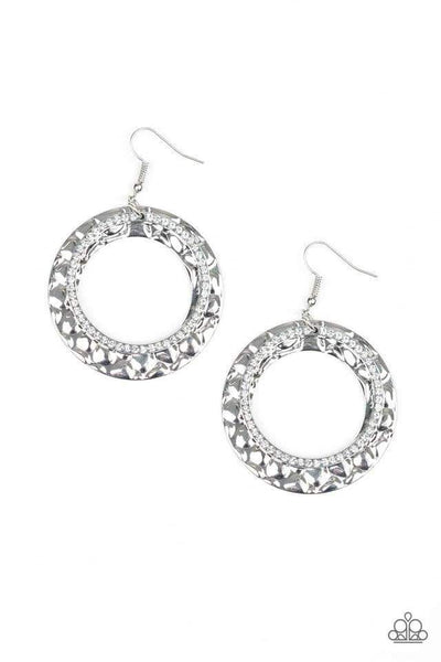 2019 September Life Of The Party Encrusted in glassy white rhinestones, a glittery silver hoop links with a thick silver hoop embossed in metallic pebble-like patterns, creating a refined lure. Earring attaches to a standard fishhook fitting. Sold as one pair of earrings.  P5RE-WTXX-427XX
