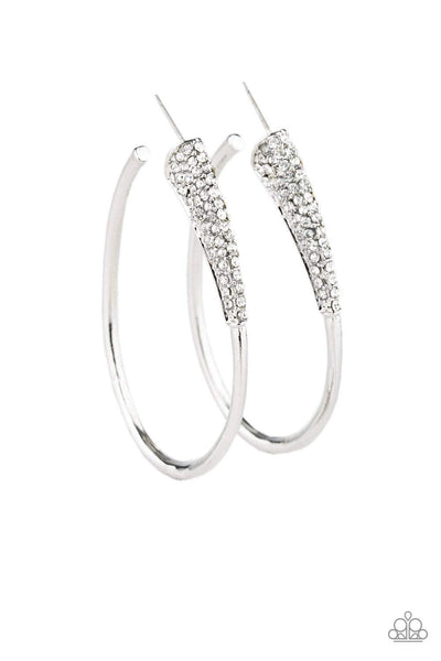 2020 Encore Piece As if dipped in glitter, a rhinestone encrusted frame swings from the ear in a dramatic fashion. Hoop measures 1 1/2” in diameter. Earring attaches to a standard post fitting. Sold as one pair of hoop earrings.  P5HO-WTXX-010XX