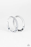 Brushed in a smoky faux marble finish, a shiny white hoop curls around the ear for a retro look. Earring attaches to a standard post fitting. Hoop measures 2 1/2" in diameter. Sold as one pair of hoop earrings. P5HO-WTXX-060XX