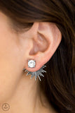 A solitaire white rhinestone attaches to an ear jacket, designed to fasten behind the ear. Brushed in an antiqued shimmer, the ear jacket peeks out beneath the ear for a bold look. Earring attaches to a standard post fitting. Sold as one pair of ear jacket earrings. P5PO-WTXX-114XX