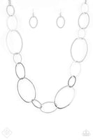 2018 September Fashion Fix - Fiercely 5th Avenue Swinging from strands of doubled silver chains, oversized asymmetrical hoops dramatically link across the chest for a refined industrial look with lots of sheen. Features an adjustable clasp closure. Sold as one individual necklace. Includes one pair of matching earrings.  P2RE-SVXX-282GW