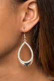 Dainty white rhinestones are encrusted along a rose gold teardrop. A rose gold plate peeks out from the bottom of the teardrop, adding an extra splash of metallic shimmer to the refined lure. Earring attaches to a standard fishhook fitting. Sold as one pair of earrings. P5RE-GDRS-129XX