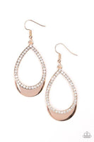 Dainty white rhinestones are encrusted along a rose gold teardrop. A rose gold plate peeks out from the bottom of the teardrop, adding an extra splash of metallic shimmer to the refined lure. Earring attaches to a standard fishhook fitting. Sold as one pair of earrings. P5RE-GDRS-129XX