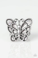 Brushed in an antiqued finish, a dramatic silver butterfly blooms across the finger for a whimsical look. Features a stretchy band for a flexible fit. P4WH-SVXX-114XX