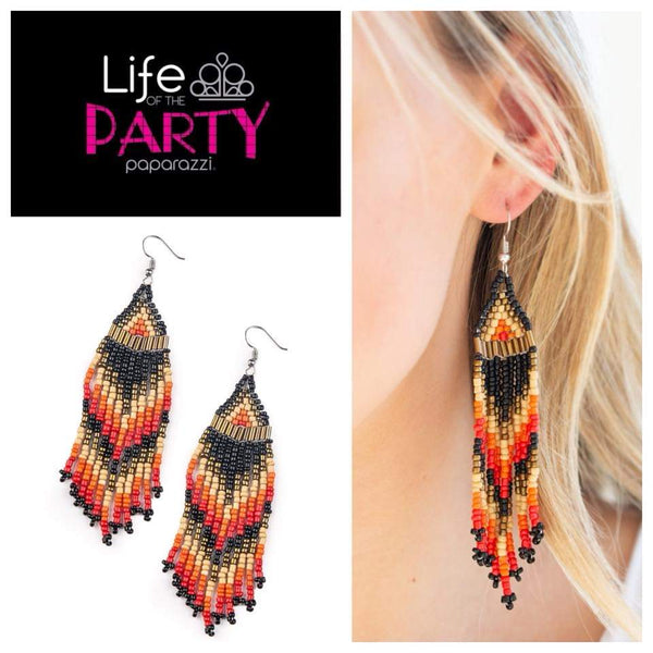 2019 March Life Of The Party Exclusive Infused with brassy metallic accents, black, orange, red, tan, and brass seed beads cascade from the ear in a vivacious beaded fringe. Earring attaches to a fishhook fitting. Sold as one pair of earrings. P5TR-BKXX-093XX