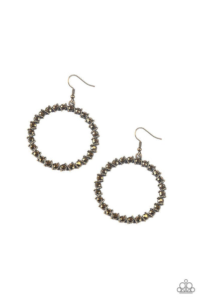 A collection of glittery aurum rhinestones and slanted brass frames coalesce into a sparkling hoop. Earring attaches to a standard fishhook fitting. Sold as one pair of earrings.  P5ED-BRXX-052XX