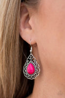 A pink teardrop bead is pressed into a shimmery silver frame radiating with whimsical filigree and studded patterns. Earring attaches to a standard fishhook fitting. Sold as one pair of earrings.  P5WH-PKXX-164XX