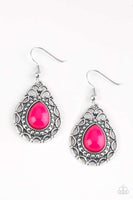 A pink teardrop bead is pressed into a shimmery silver frame radiating with whimsical filigree and studded patterns. Earring attaches to a standard fishhook fitting. Sold as one pair of earrings.  P5WH-PKXX-164XX