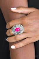 A glowing pink stone is pressed in the center of a dramatic silver frame radiating with shimmery sunburst details for a seasonal look. Features a stretchy band for a flexible fit. Sold as one individual ring.  P4TR-PKXX-031XX