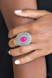 A glowing pink stone is pressed in the center of a dramatic silver frame radiating with shimmery sunburst details for a seasonal look. Features a stretchy band for a flexible fit. Sold as one individual ring.  P4TR-PKXX-031XX