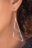 Airy copper, gold, and gunmetal triangular frames trickle from the ear, creating an edgy lure. Earring attaches to a standard fishhook fitting. Sold as one pair of earrings.  P5ED-MTXX-021XX
