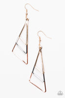 Airy copper, gold, and gunmetal triangular frames trickle from the ear, creating an edgy lure. Earring attaches to a standard fishhook fitting. Sold as one pair of earrings.  P5ED-MTXX-021XX