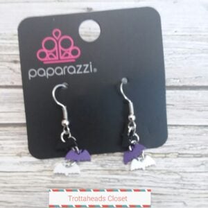 Halloween 3 Bat - Black Purple White Earrings ~ Paparazzi