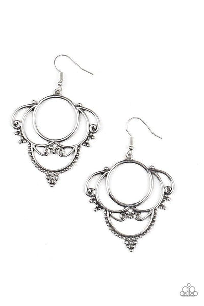 2020 July Fashion Fix Exclusive  Dotted in dainty silver studs, antiqued silver frames swirl into an ornate design for a vintage inspired look. Earring attaches to a standard fishhook fitting. Sold as one pair of earrings.  P5WH-SVXX-210XX